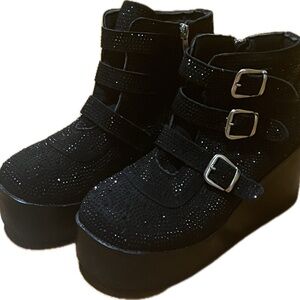 Adorable Luckystep platform boots with black shiny sequins.  Faux buckles. zip.